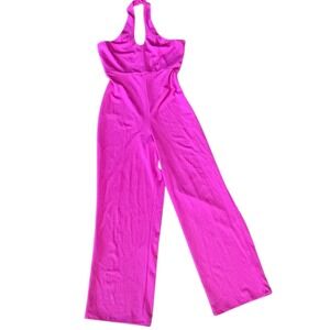 Venus Halter Wide Leg Jumpsuit Womens XL Hot Pink V-Neck Stretch Barbiecore Glam